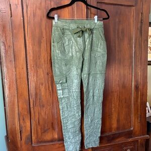 Women's Italian Olive Green Metallic Cargo Pants wTie Waist - Super Stretchy
